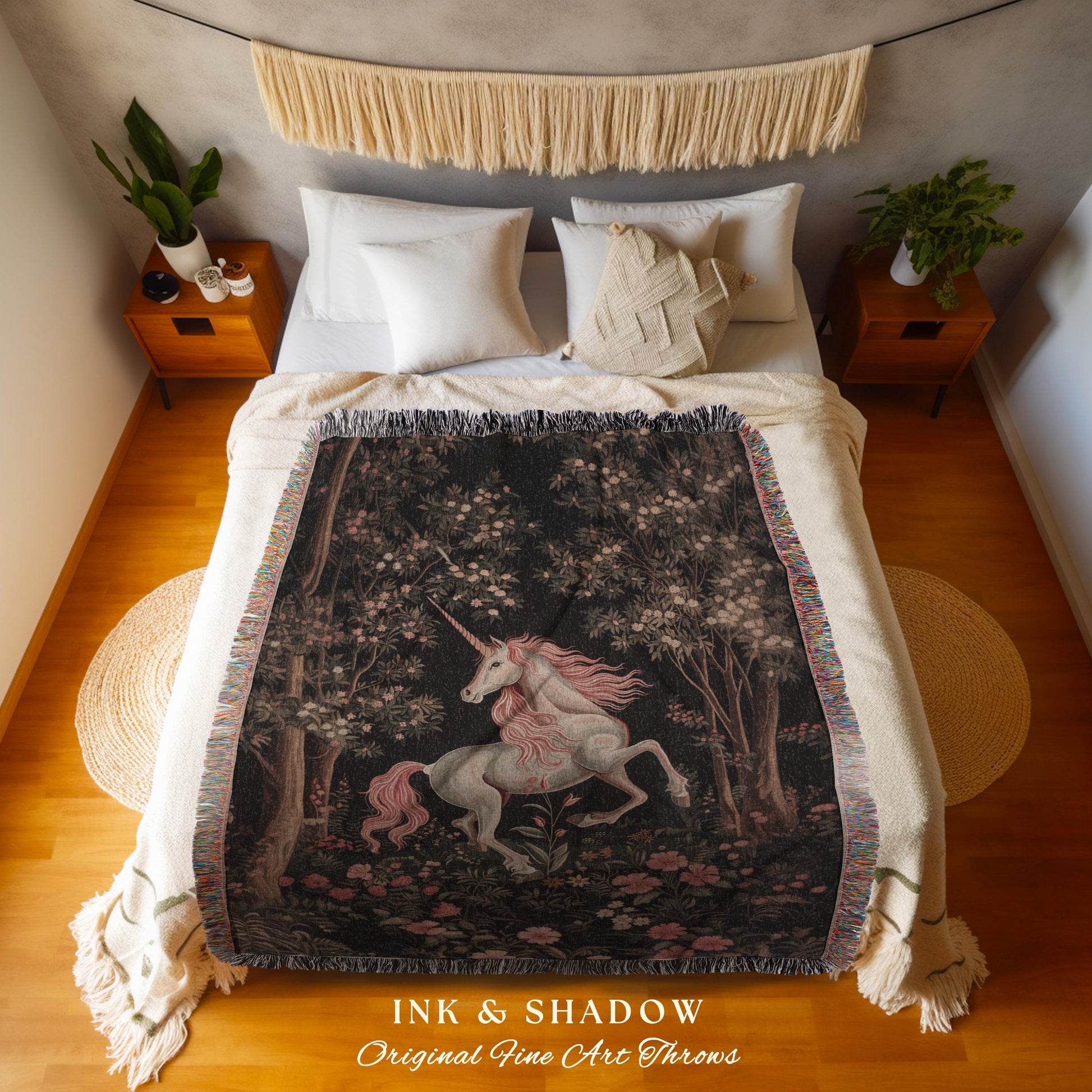 Enchanted Forest Mythical Unicorn Tapestry Throw Ethereal Botanical Fairycore Woodland Gothic Dark Floral Magical Creature Fairytale Blanket