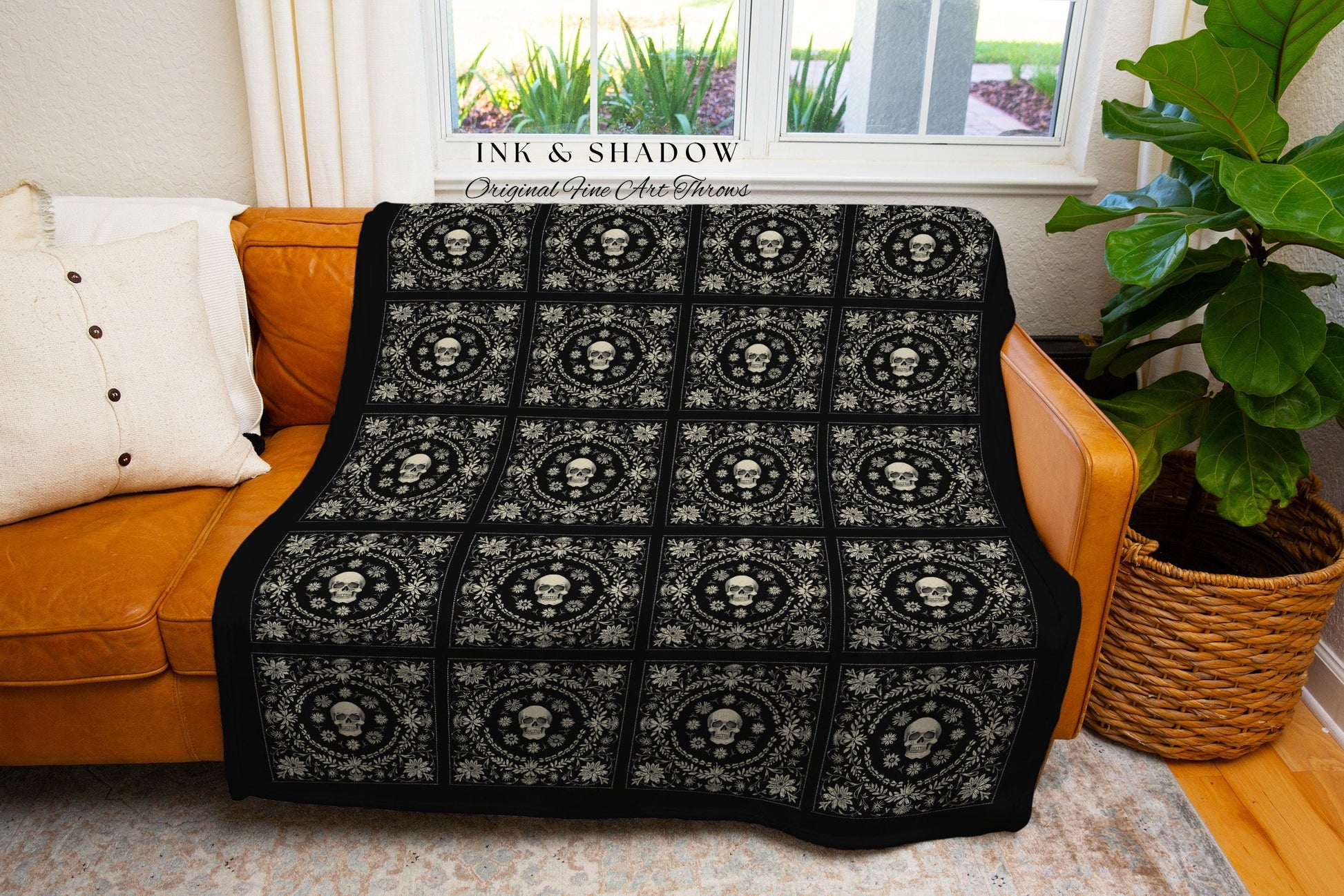 Floral Skull Throw Victorian Gothic Woven Blanket Halloween Aesthetic Goth Blanket Cotton Woven Throw Fall Decor Dark Cottagecore Tapestry