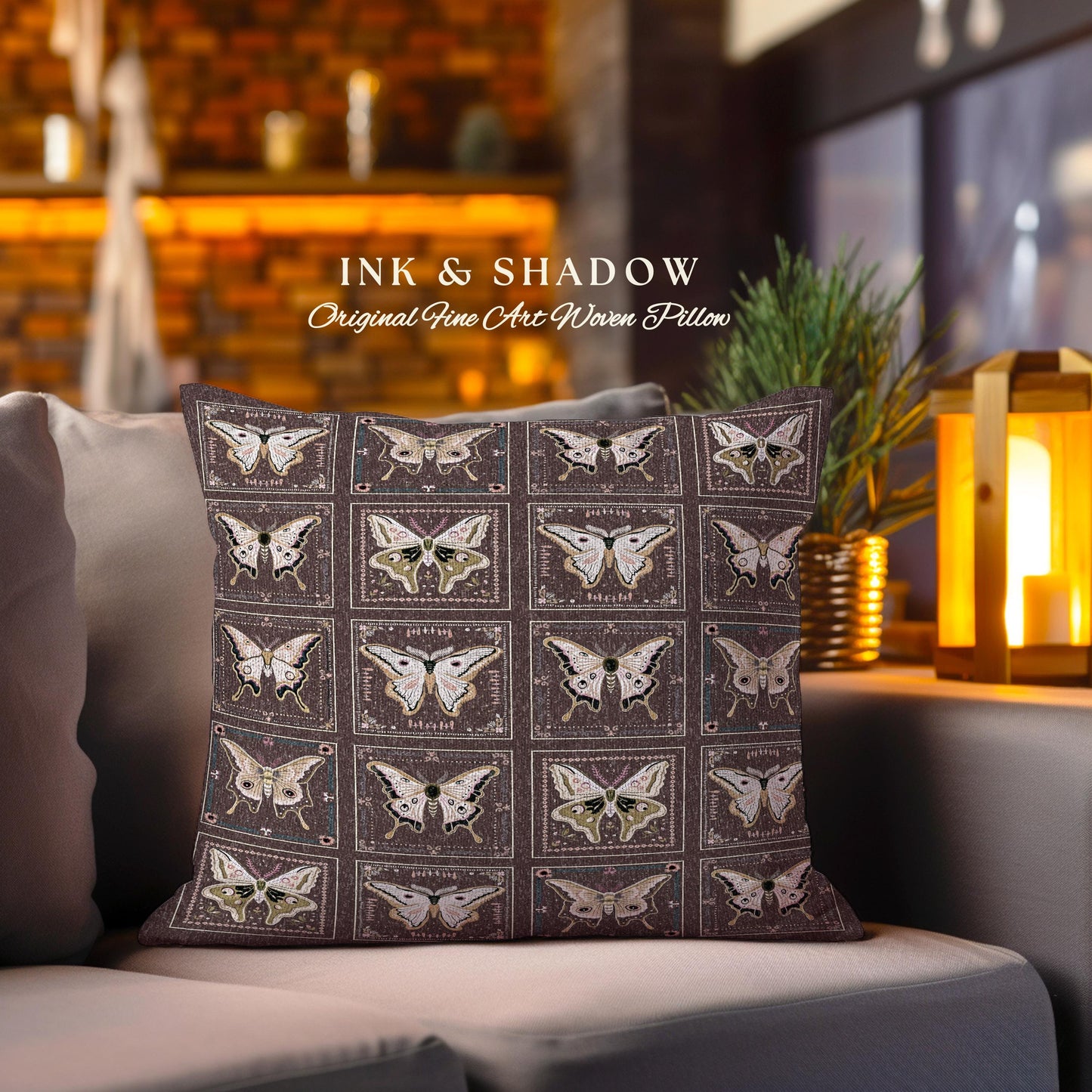 Whimsical Moth Pillow Woven Dark Academia Decor | Luna Moth Art Gothic Home Decor Bohemian Butterfly Pillow Cozy Goth Cottagecore Fall Gifts