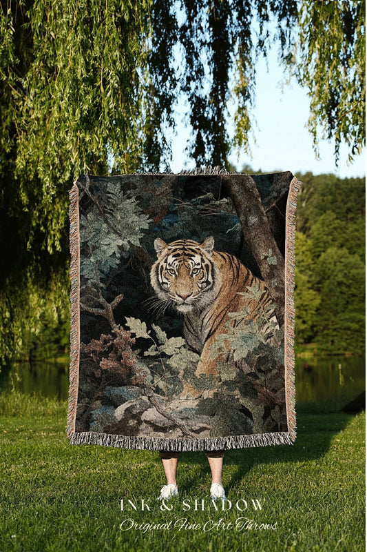 Gothic Tiger Painting Blanket Woven Tapestry | Renaissance Blanket Woven Blanket Jungle Cat | Whimsigoth Room Decor Jungle Aesthetic Blanket