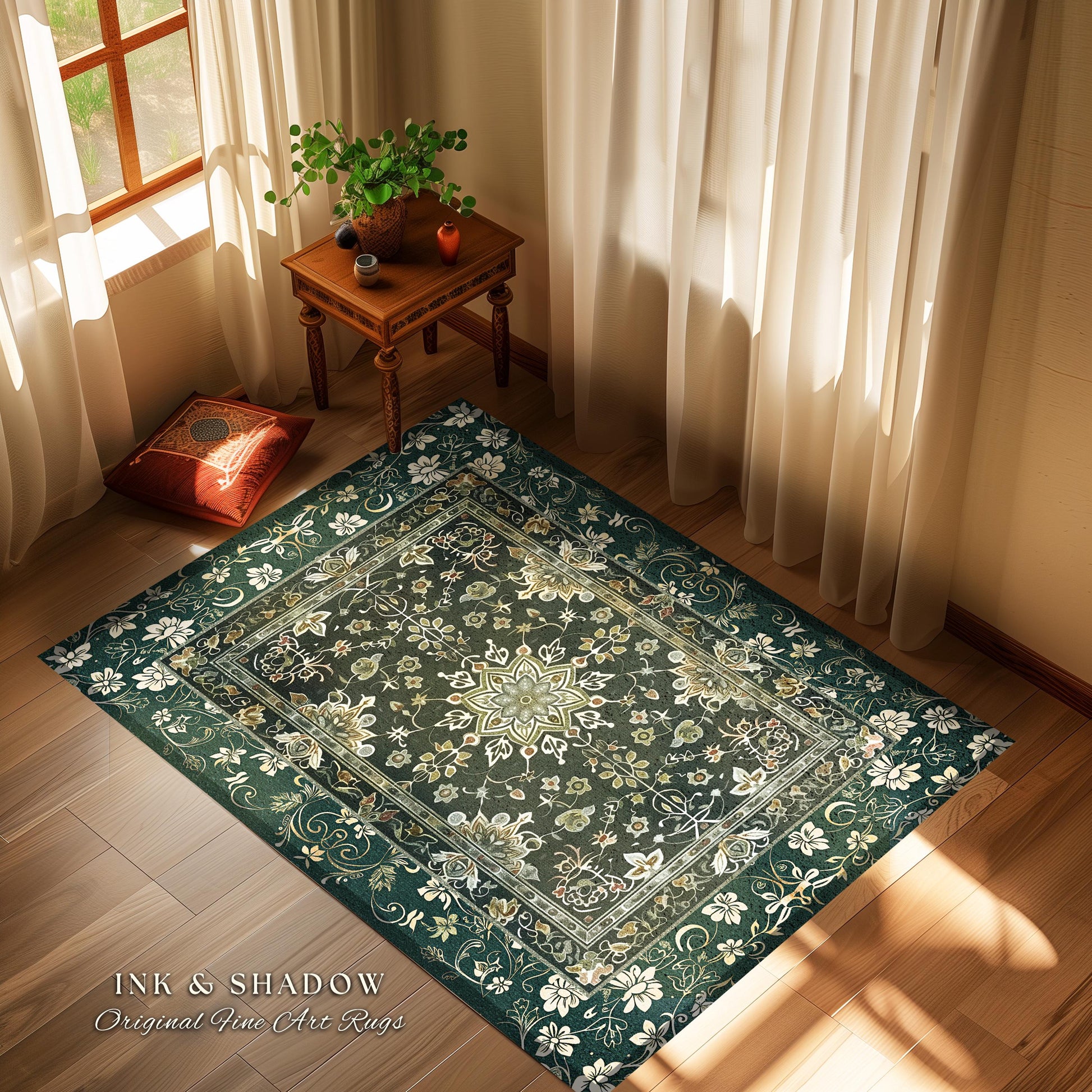 Moody Emerald Green Area Rug | Persian Green Floor Rug Ornate Rug with Blue Green Detail Dark Academia Victorian Gothic Aesthetic Dark Teal