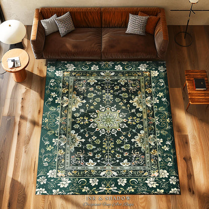 Moody Emerald Green Area Rug | Persian Green Floor Rug Ornate Rug with Blue Green Detail Dark Academia Victorian Gothic Aesthetic Dark Teal