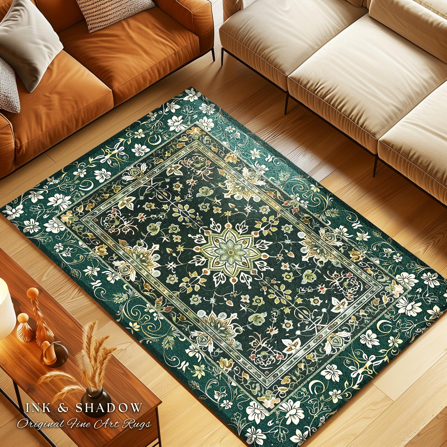 Moody Emerald Green Area Rug | Persian Green Floor Rug Ornate Rug with Blue Green Detail Dark Academia Victorian Gothic Aesthetic Dark Teal