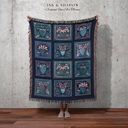 Maximalist Blue Strawberry Tapestry Blanket Whimsical Farmhouse Fairycore Aesthetic | Retro Cottagecore Berry Fruit Throw Indie Room Decor