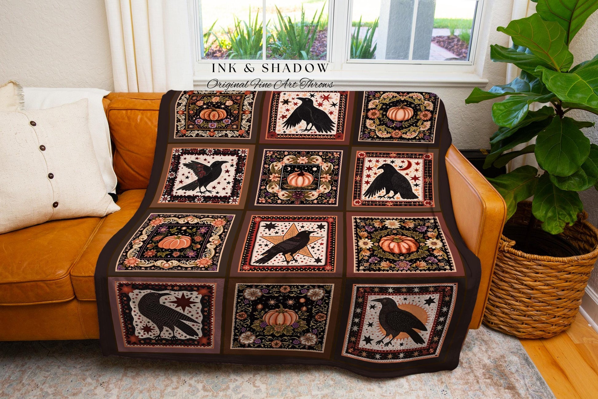 Retro Crow Pumpkin Farmhouse Throw Cottagecore Witch Decor | Vintage Aesthetic Witchy Tapestry Blanket Fall Vibes Maximalist Unique Gift