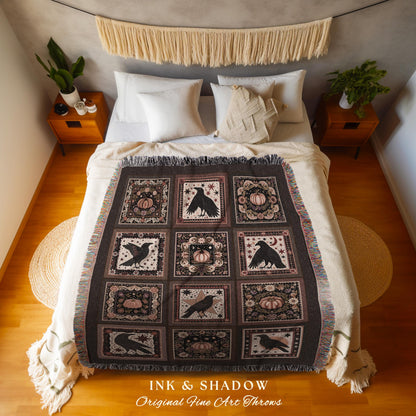 Retro Crow Pumpkin Farmhouse Throw Cottagecore Witch Decor | Vintage Aesthetic Witchy Tapestry Blanket Fall Vibes Maximalist Unique Gift