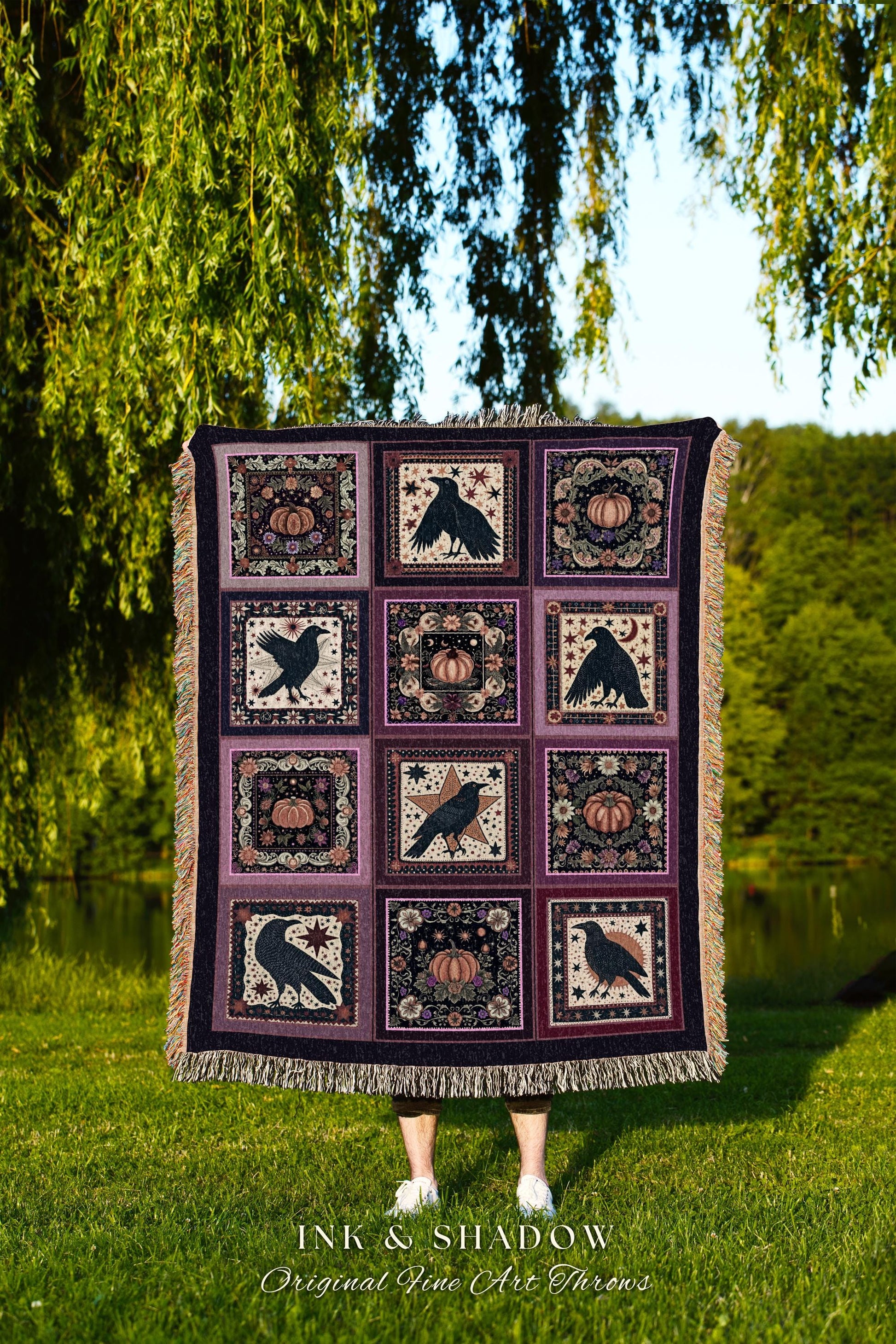 Witchy Whimsical Raven Pumpkin Throw Purple Halloween Aesthetic Cozy Decor | Gothic Tapestry Blanket Crowcore Retro Celestial Cottagecore