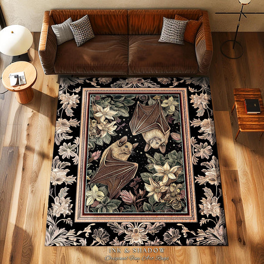 Dark Cottagecore Celestial Bat Lover Rug Boho Floral Victorian Gothic Decor | Whimsical Woodland Dark Bat Forestcore Ethereal Botanical Rug