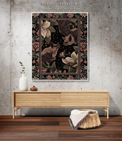 Vintage Aesthetic Bat Blanket Woven Throw Dark Cottagecore Decor | Goth Tapestry Vintage Bat Lovers Dark Botanical Woven Wall Art Whimsical