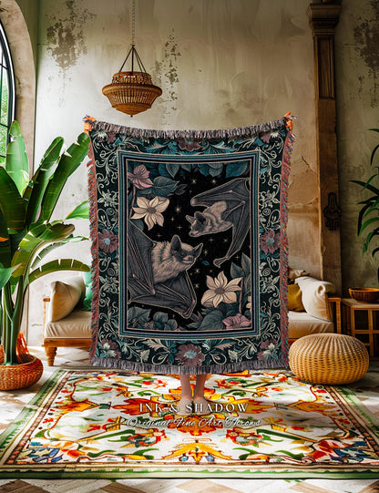 Moody Dark Acedemia Tapestry Bat Blanket Woven Throw Goth Decor | Antique Aesthetic Dark Botanical Bat Art Floral Gothic Victorian Decor