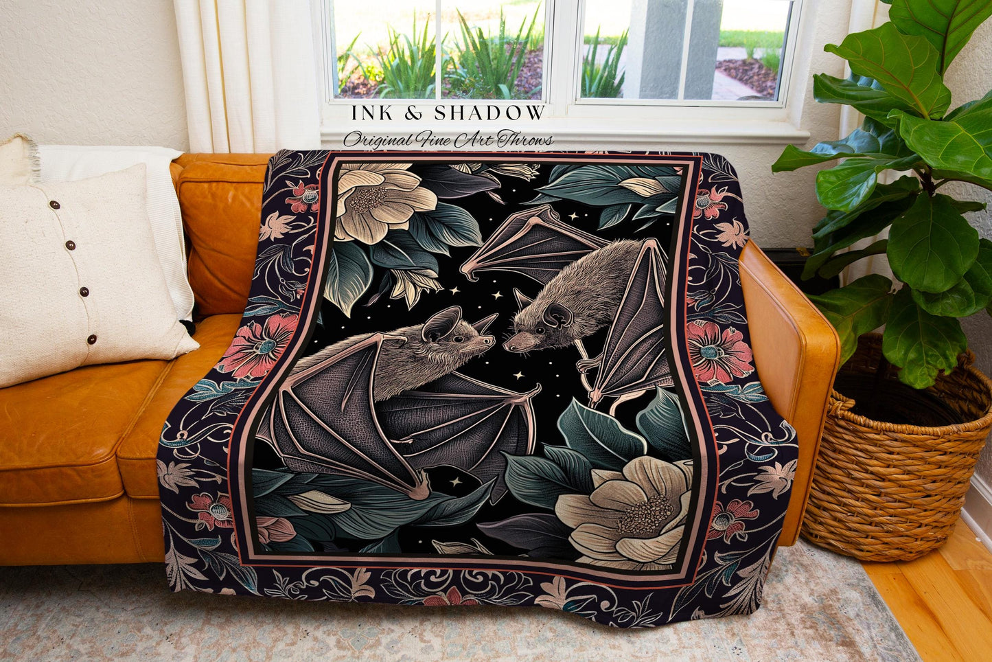 Gothic Woodland Dark Floral Bat Blanket Whimsigoth Decor | Macabre Tapestry Blanket Dark Botanical Forestcore Bat Art Whimsical Woven Throw