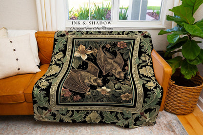 Goblincore Bat Lovers Tapestry Blanket Gothic Cottagecore, Dark Woodland Art Ethereal Botanical Woven Throw Grunge Fairycore Forest Decor