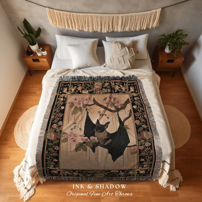 Mystic Bat Throw Blanket Woven | Woodland Gothic Tapestry Crowcore Bedroom Decor Housewarming Gift Bat Lover Wall Art Whimsigoth Victorian