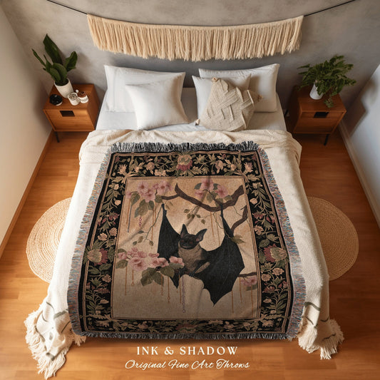 Mystic Bat Throw Blanket Woven | Woodland Gothic Tapestry Crowcore Bedroom Decor Housewarming Gift Bat Lover Wall Art Whimsigoth Victorian