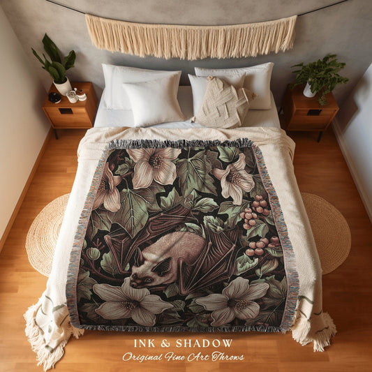 Woodland Floral Bat Picnic Blanket | Cottagecore Blanket Woven Throw Victorian Wall Art Bedroom Decor Woodland Art Ethereal Tapestry Gothic