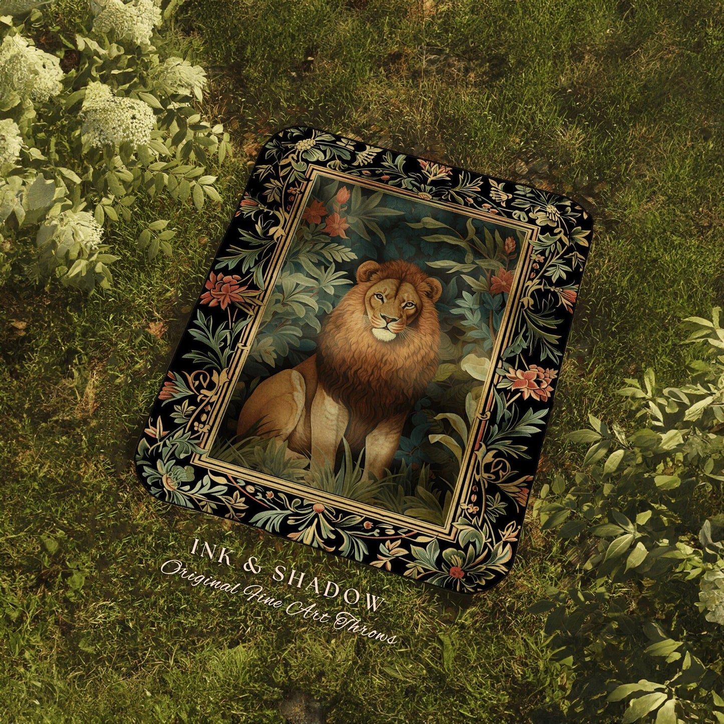 Dark Botanical Lion Woven Blanket Nature Inspired Room Decor Morris Style Tapestry Fairycore Boho Bedroom Jungle King Retro Forestcore Throw