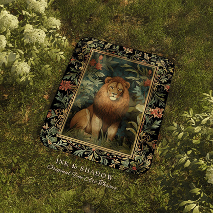 Dark Botanical Lion Woven Blanket Nature Inspired Room Decor Morris Style Tapestry Fairycore Boho Bedroom Jungle King Retro Forestcore Throw