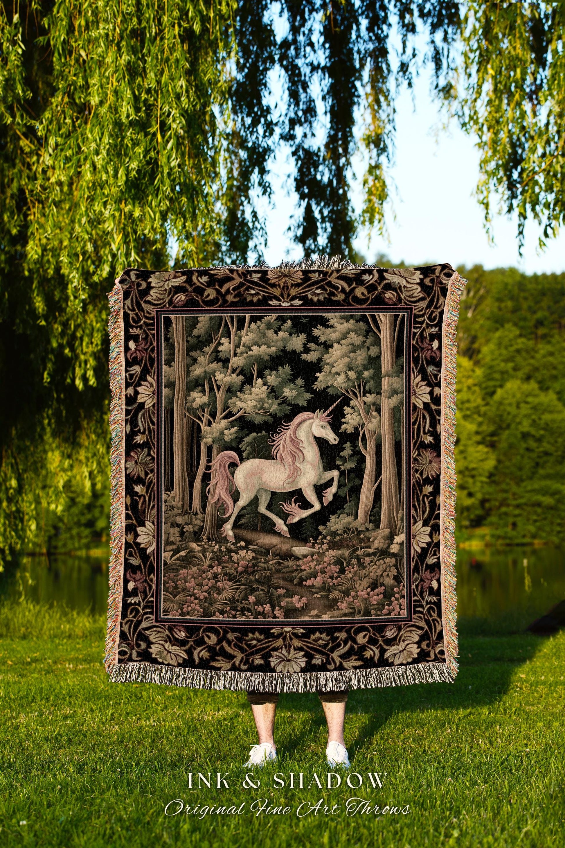 Medieval Unicorn Tapestry Blanket Dark Woodland Aesthetic | Enchanted Forest Decor Whimsical Cottagecore Fantasy Art Mystic Forestcore Throw