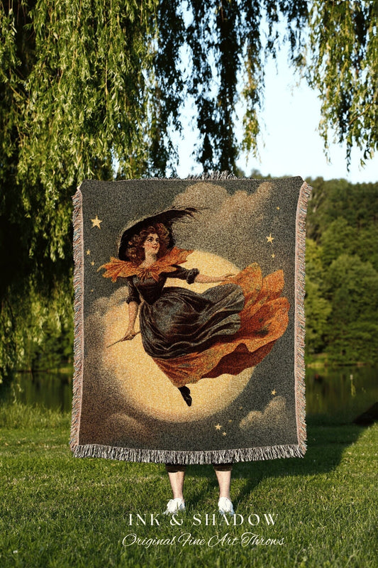 Flying Witch Tapestry Dark Cottagecore Blanket Halloween Retro Aesthetic | Witchy Room Decor Goth Aesthetic Halloween Art | Retro Halloween