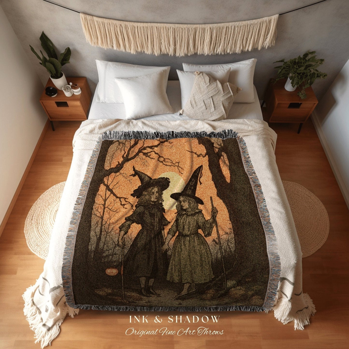 Whimsical Witchy Friends Tapestry Dark Cottagecore Blanket Halloween Gothic | Funny Tapestry Woven Blanket Goth Aesthetic Halloween Vintage