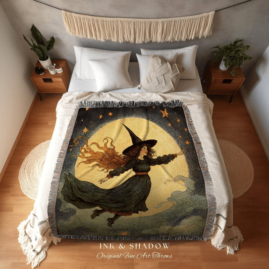 Vintage Witch Tapestry Woven Blanket Halloween Retro Aesthetic | Witchy Bedroom Decor Goth Aesthetic Halloween Cute | Antique Halloween Art