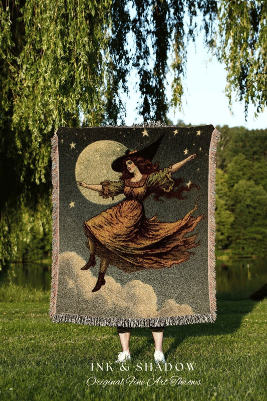 Dark Cottagecore Witch Tapestry Woven Blanket Halloween Retro Aesthetic | Witchy Room Decor Goth Aesthetic Halloween | Antique Halloween Art