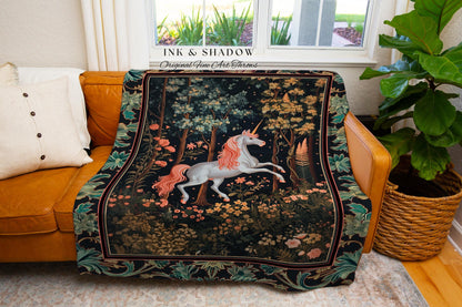 Mystical Woodland Unicorn Woven Throw Whimsical Fairycore Decor | Romantic Baroque Aesthetic Enchanted Forest Renaissance Tapestry Blanket