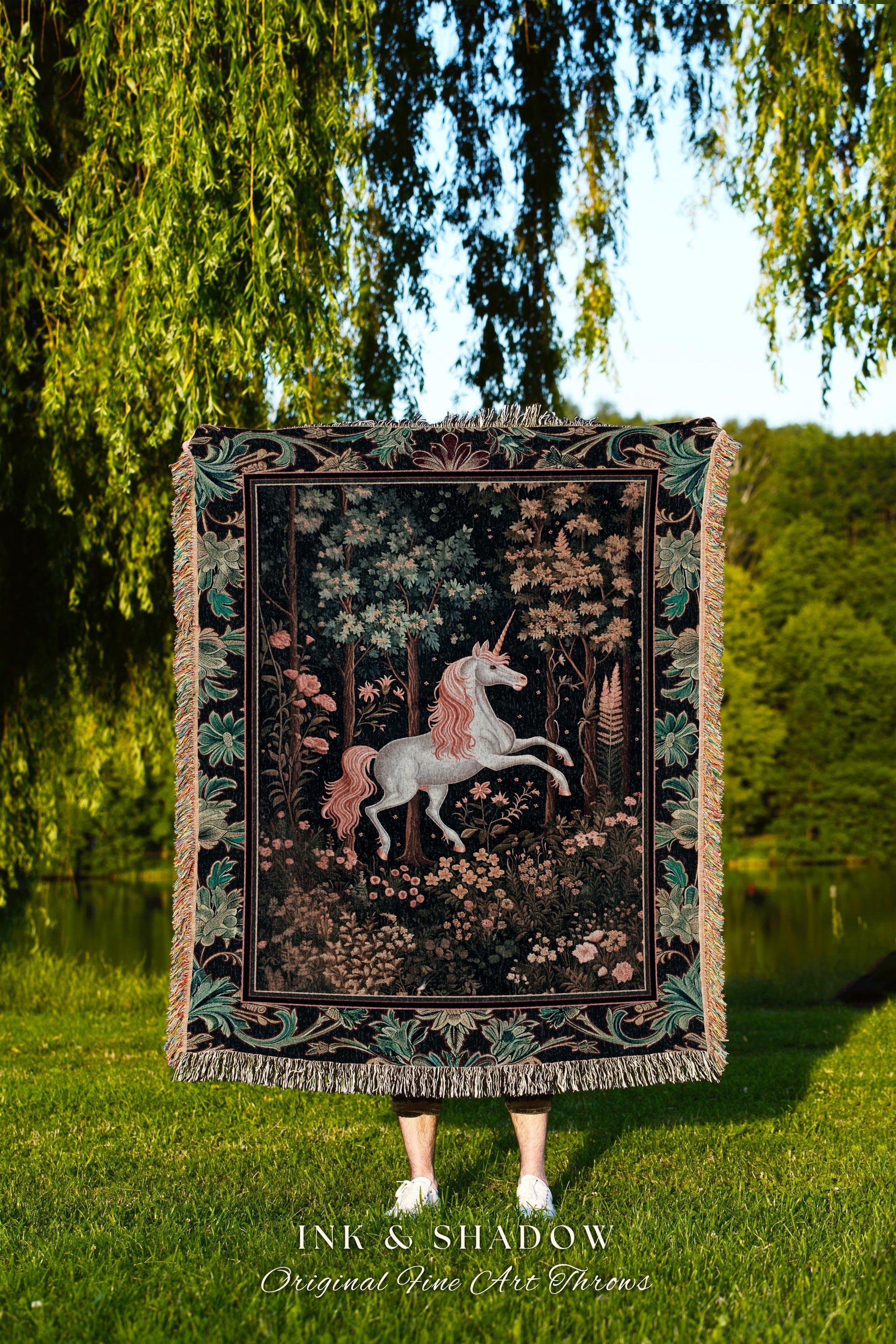 Mystical Woodland Unicorn Woven Throw Whimsical Fairycore Decor | Romantic Baroque Aesthetic Enchanted Forest Renaissance Tapestry Blanket