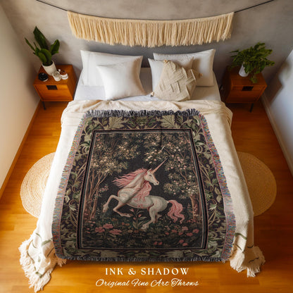 Whimsical Enchanted Unicorn Blanket Victorian Gothic Tapestry Blanket | Dark Cottagecore Throw Renaissance Folklore Baroque Aesthetic Decor