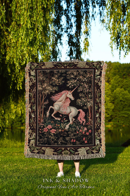 Whimsical Enchanted Unicorn Blanket Victorian Gothic Tapestry Blanket | Dark Cottagecore Throw Renaissance Folklore Baroque Aesthetic Decor