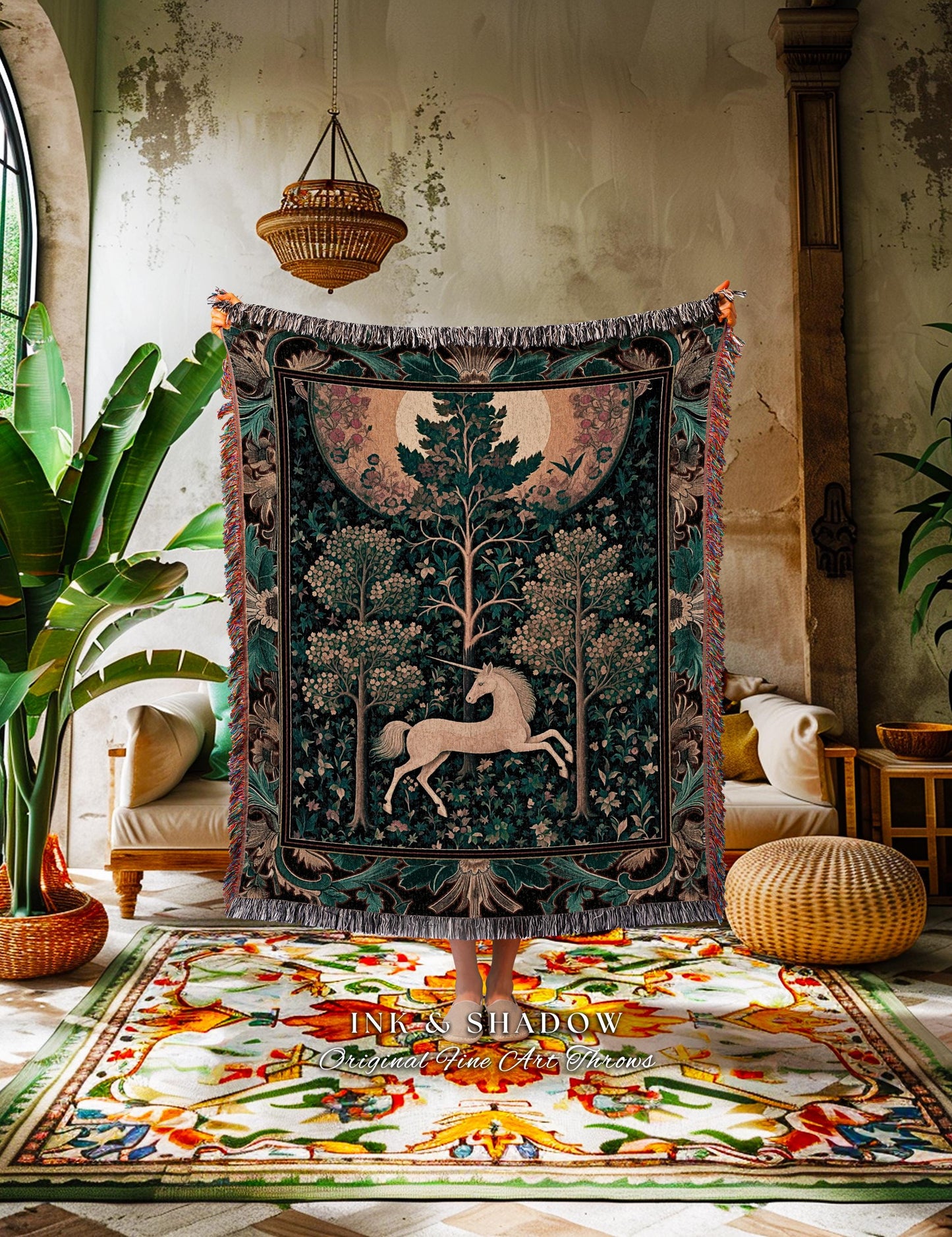 Moonlit Forest Mystical Unicorn Tapestry Blanket Medieval Fairycore Decor | Renaissance Whimsical Gothic Aesthetic Woven Throw Forestcore