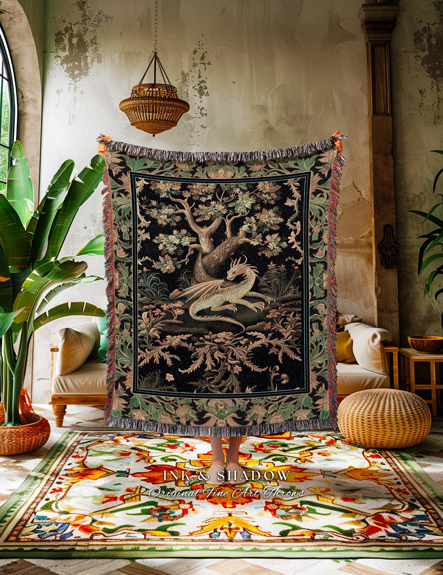 Ethereal Dragon Art Tapestry Throw Enchanted Decor Fantasy Forest Whimsical Woodland Gothic Decor | Fairytale Whimsy Art Deco Dragon Blanket