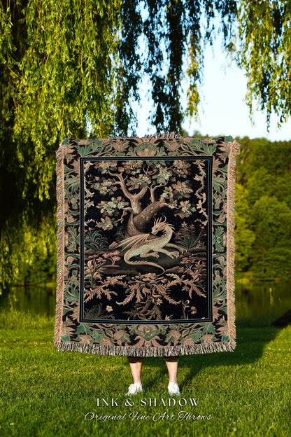 Ethereal Dragon Art Tapestry Throw Enchanted Decor Fantasy Forest Whimsical Woodland Gothic Decor | Fairytale Whimsy Art Deco Dragon Blanket