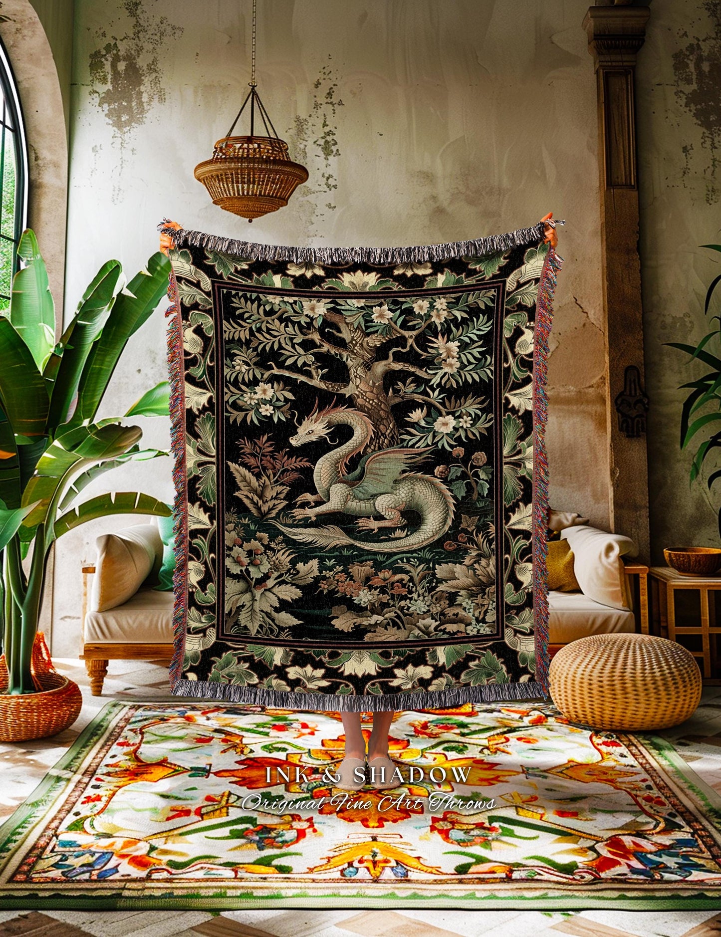 Mystical Fantasy Dragon Rug Runner Enchanting Dark Nature | Ancient Aesthetic Chinese Dragon Art Decor Ethereal Dragon Decoration Forestcore