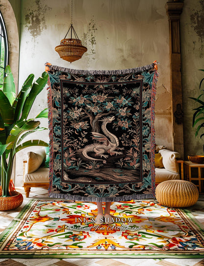 Dark Nature Enchanting Dragon Art Tapestry Blanket Mystical Fantasy Dragon Exotic Home Decor | Ethereal Woodland Magical Creature Goblincore