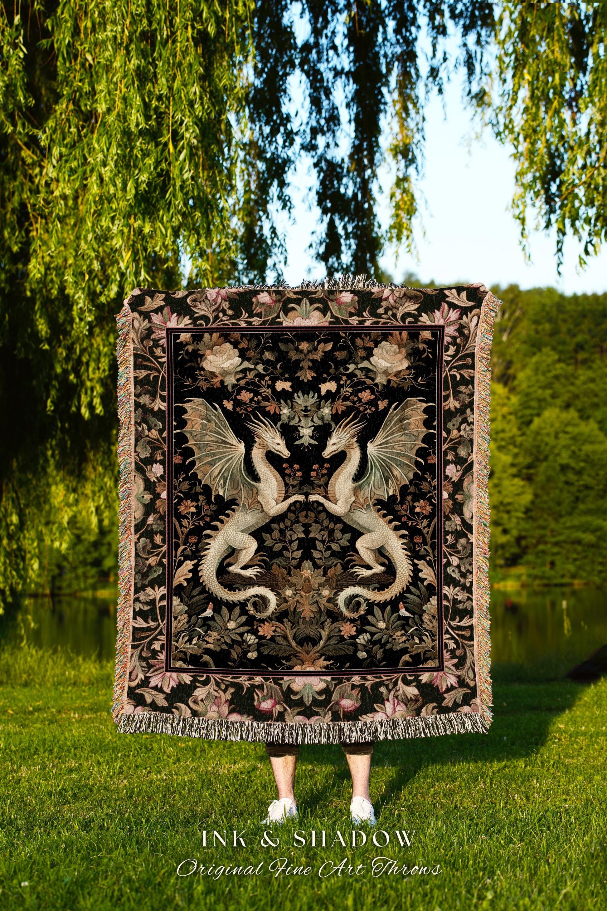 Ornate Antique Gold Folklore Aesthetic Baroque Dragon Tapestry Throw | Enchanting Art Deco Gothic Blanket Maximalist Fantasy Mystic Decor