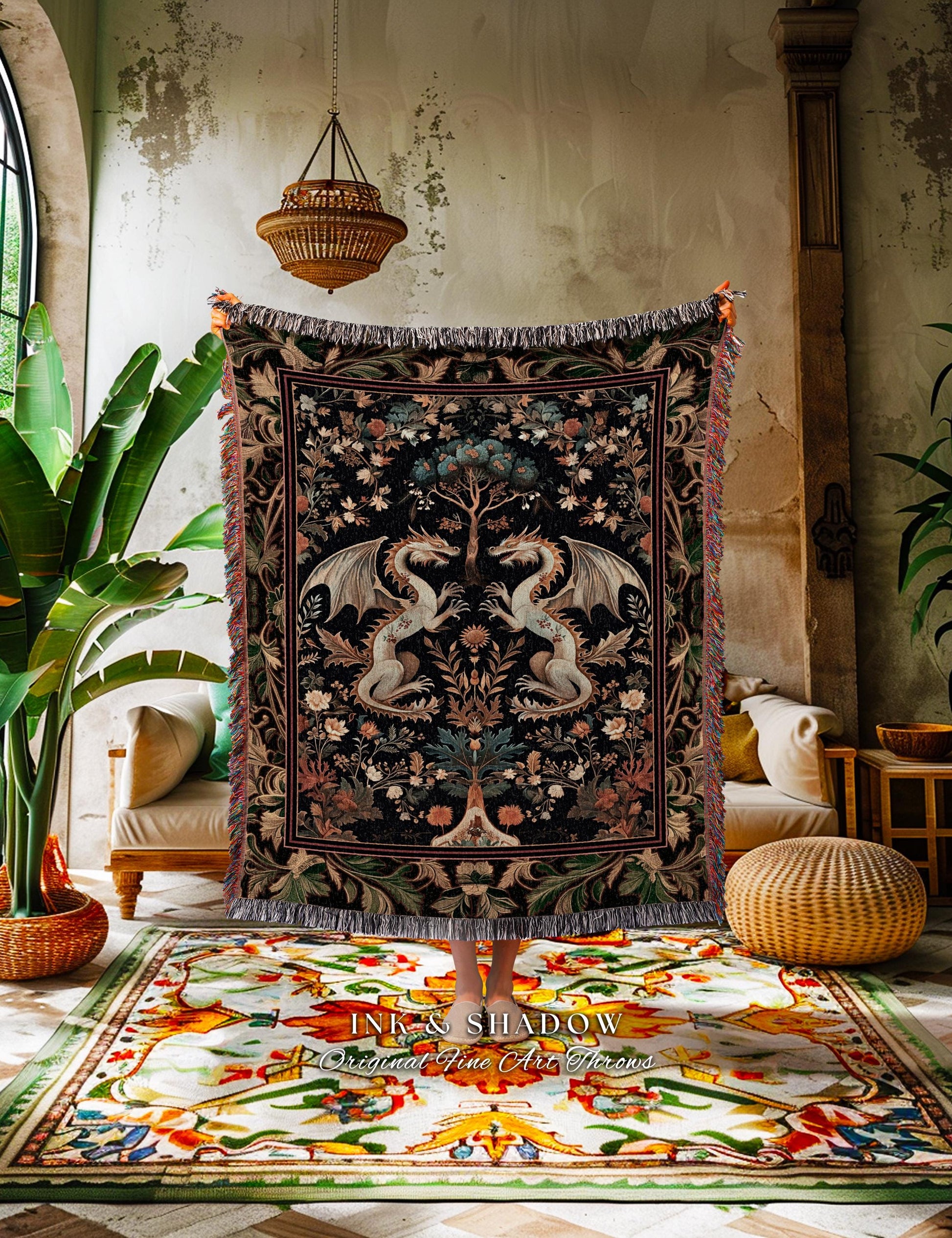 Rococo Dragon Blanket Ornate Baroque Art Nouveau Inspired Tapestry Throw Folklore Decor | Antique Aesthetic Maximalist Fantasy Home Decor