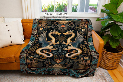 Art Nouveau Dragon Tapestry Blanket Dark Academia Renaissance Fantasy Art | Rococo Aesthetic Romantic Victorian Gothic Fairytale Home Decor