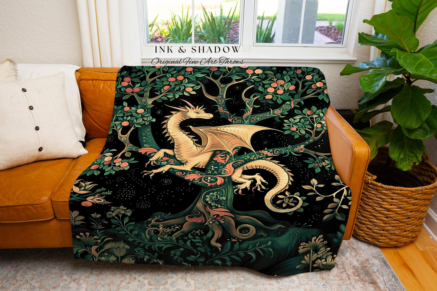 Enchanted Forest Dragon Tapestry Blanket Dark Woodland Gothic Decor | Mystical Cottagecore Aesthetic Vintage Medieval Charm Renaissance Art