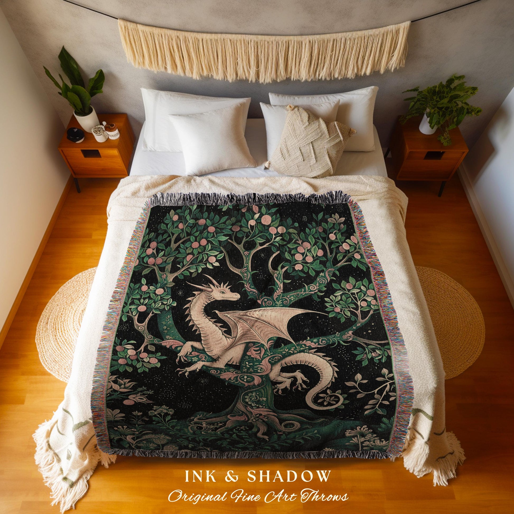 Enchanted Forest Dragon Tapestry Blanket Dark Woodland Gothic Decor | Mystical Cottagecore Aesthetic Vintage Medieval Charm Renaissance Art