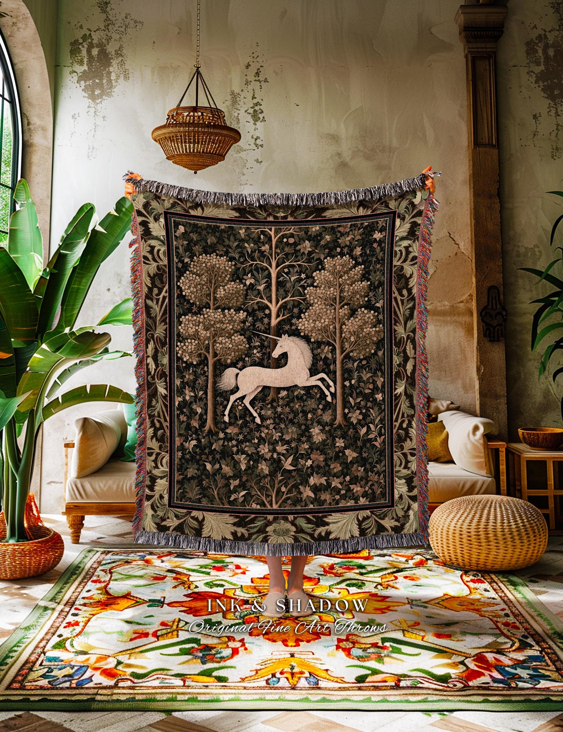 Magic Aesthetic Woven Tapestry Unicorn Blanket Cottagecore Style | Dark Academia Folklore Decor Gothic Maximalist Gift for Fantasy Lover