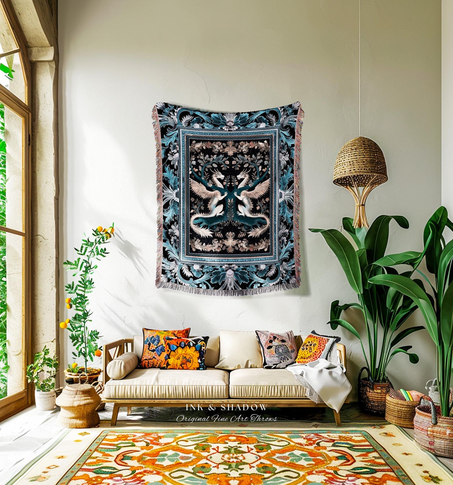 Indigo Dusty Blue Medieval Dragon Blanket Fairycore Boho Art Nouveau Home | Vintage Dark Academia Victorian Gothic Fairytale Tapestry Throw