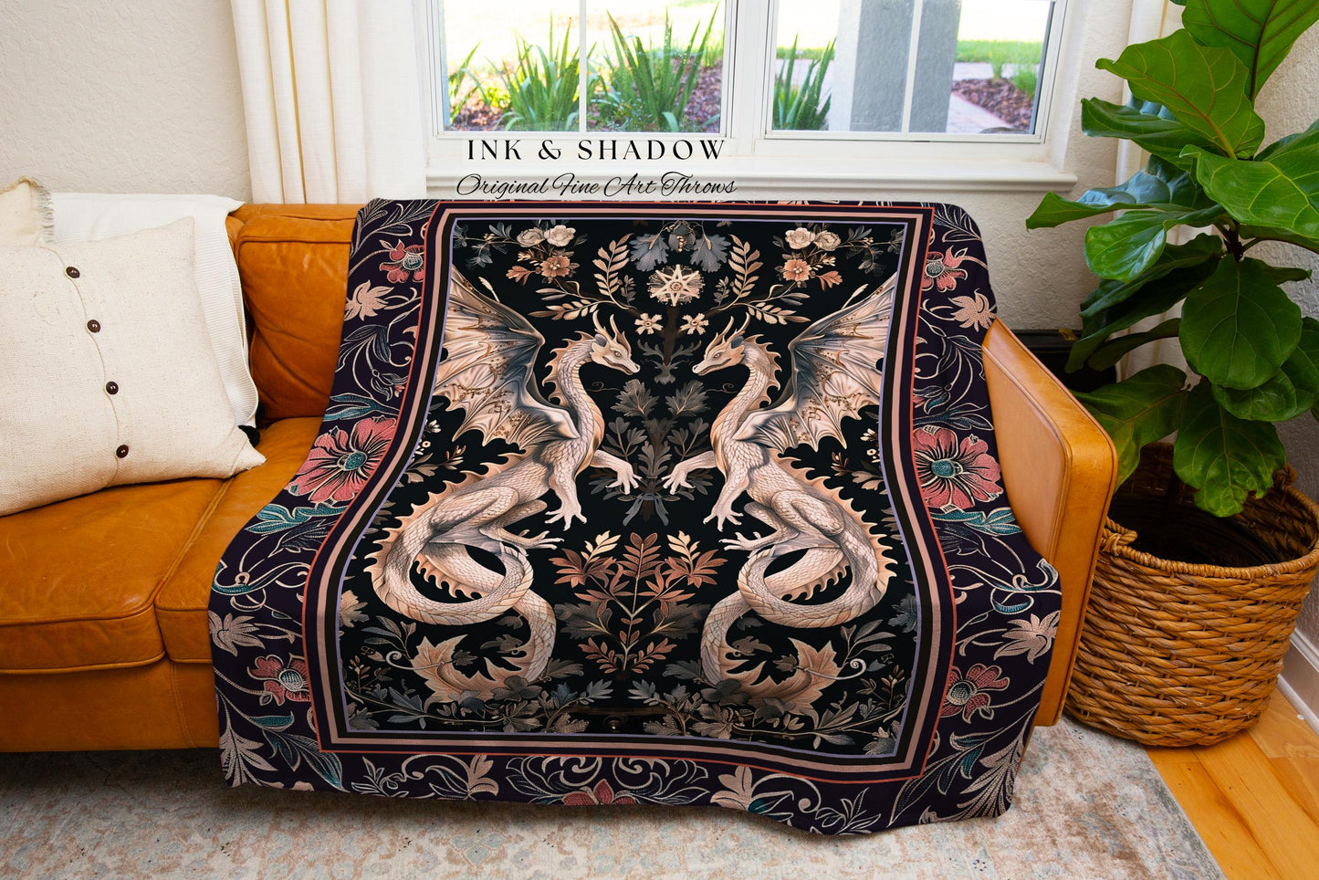 Victorian Gothic Dragon Blanket Enchanted Floral Baroque Tapestry Throw, Mystical Medieval Art Nouveau Woodland Charm Whimsigoth Cottagecore