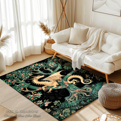 Enchanted Forest Dragon Runner Dark Woodland Gothic Forestcore Rug | Mystical Cottagecore Aesthetic Vintage Medieval Charm Renaissance Art