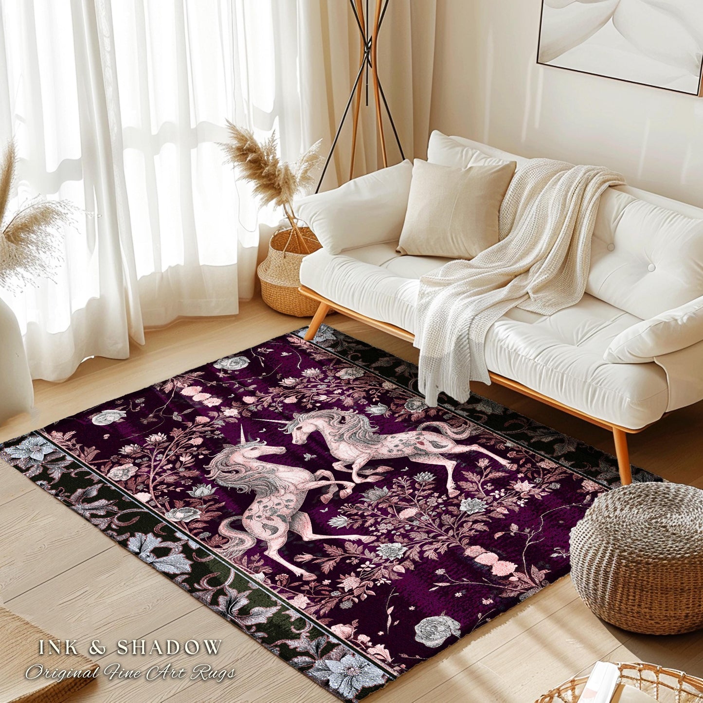 Dark Fairytale Unicorn Runner Rug | Whimsical Fairycore Home Accent Victorian Gothic Floral Decor Baroque Romantic Mystic Cute Area Rug Boho
