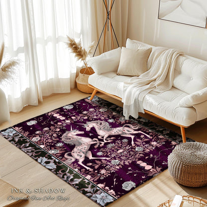 Dark Fairytale Unicorn Runner Rug | Whimsical Fairycore Home Accent Victorian Gothic Floral Decor Baroque Romantic Mystic Cute Area Rug Boho