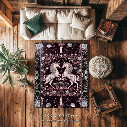 Dark Fairytale Unicorn Runner Rug | Whimsical Fairycore Home Accent Victorian Gothic Floral Decor Baroque Romantic Mystic Cute Area Rug Boho