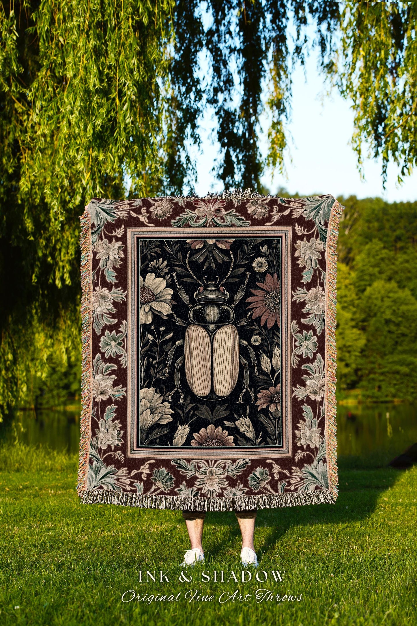 Whimsigoth Beetle Baroque Tapestry Blanket Victorian Gothic Decor | Dark Cottagecore Botanical Bug Whimsical Oddities Curiosity Ornate Decor