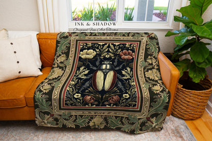 Dark Botanical Woodland Gothic Tapestry Throw Vintage Aesthetic Victorian Beetle Floral Whimsigoth Decor | Witchy Forestcore Bug Art Blanket