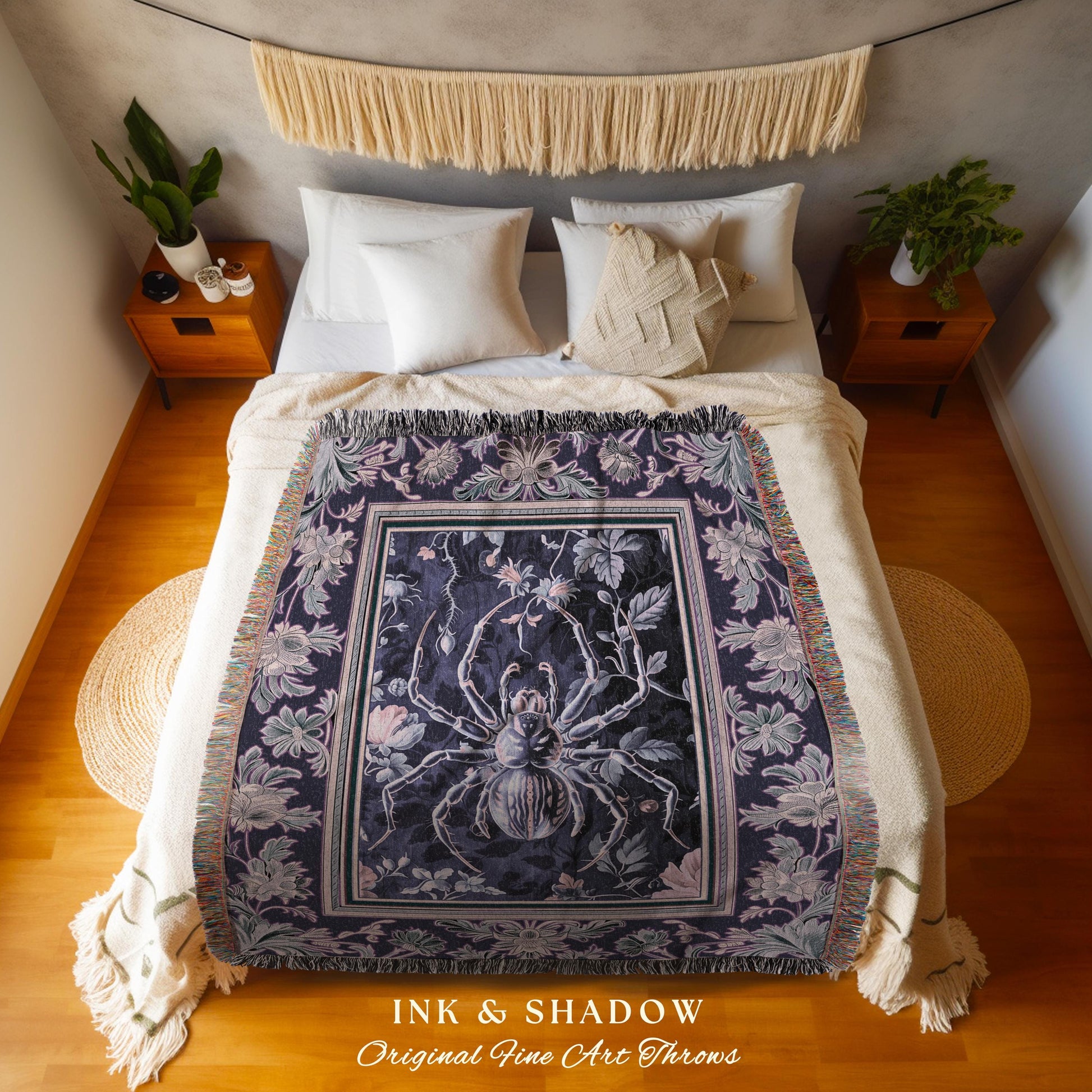 Whimsigothic Purple Spider Tapestry Blanket, Pastel Gothic Victorian Cottagecore Throw Witchy Whimsical Enchanted Nature Amethyst Home Decor